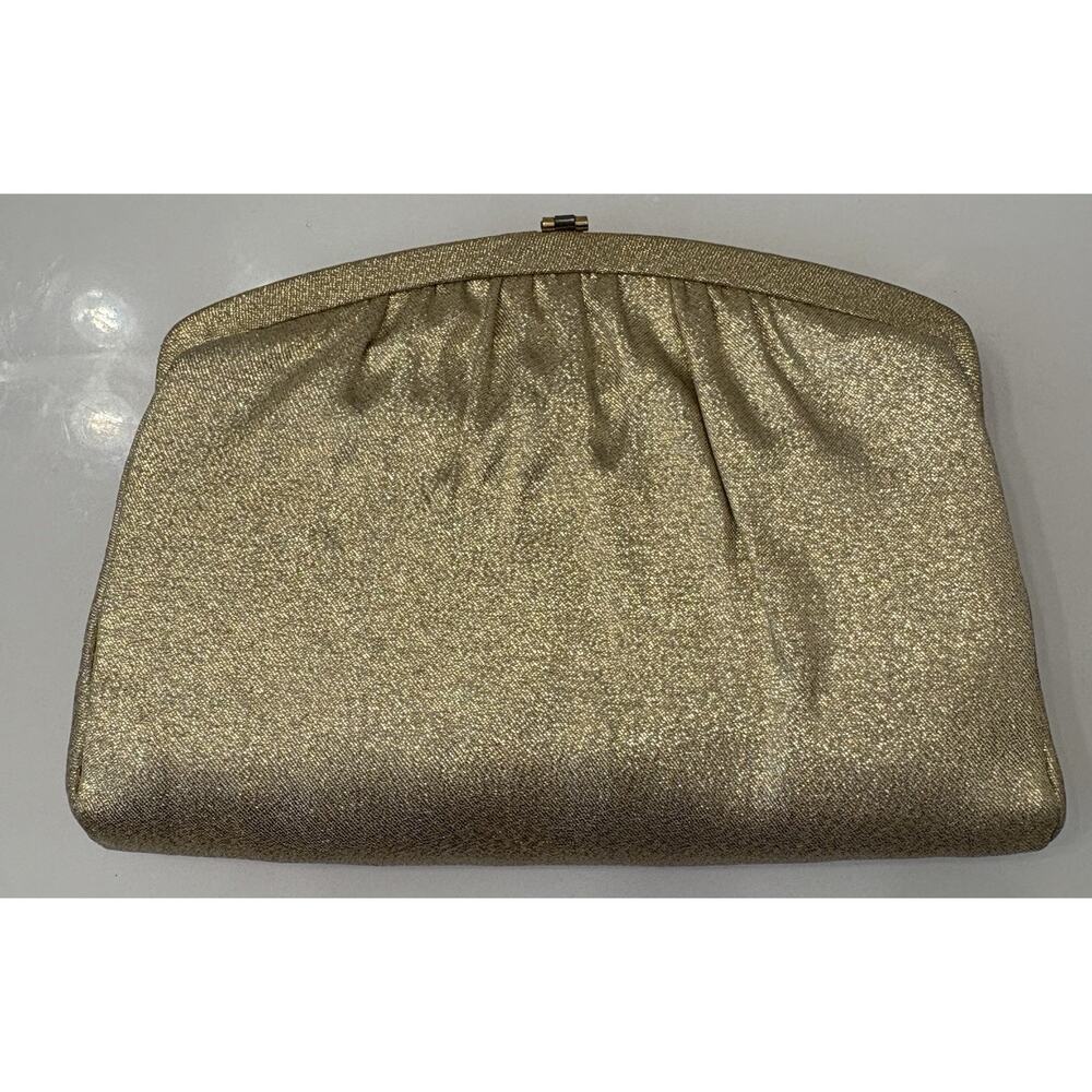 Vintage Gold Clasp Closure Handbag Metallic 8x5.5 Attached Chain Handle - Picture 3 of 6